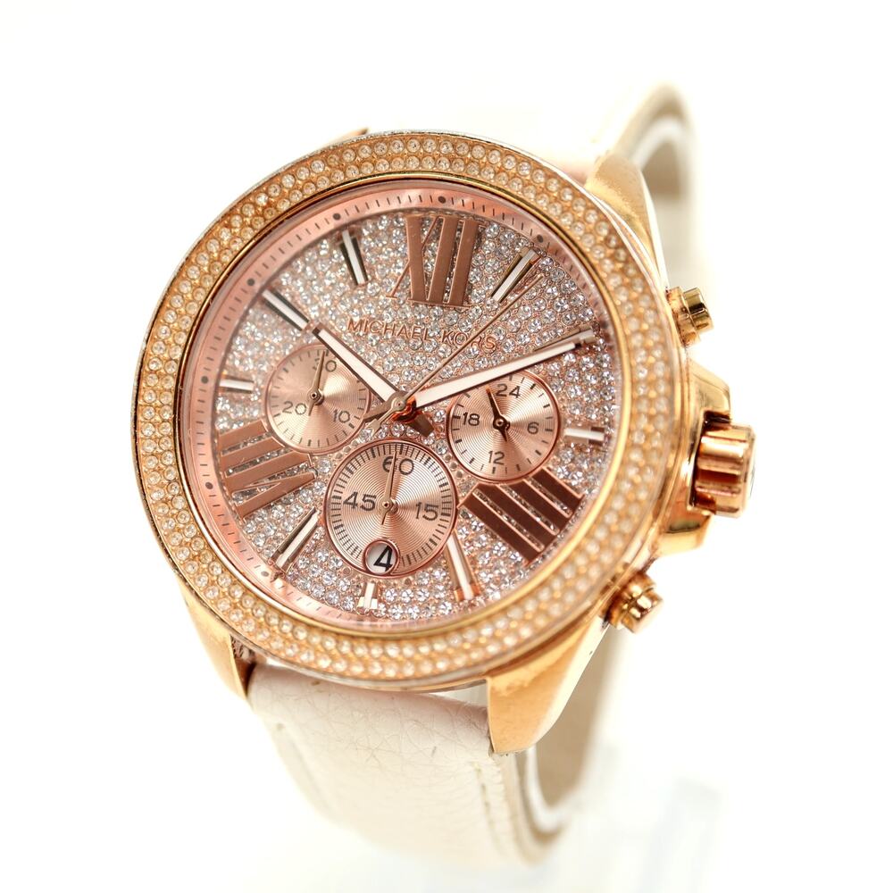 Michael Kors Wren 41mm Chronograph Watch Glitz Iced White Faux Leather MK6159